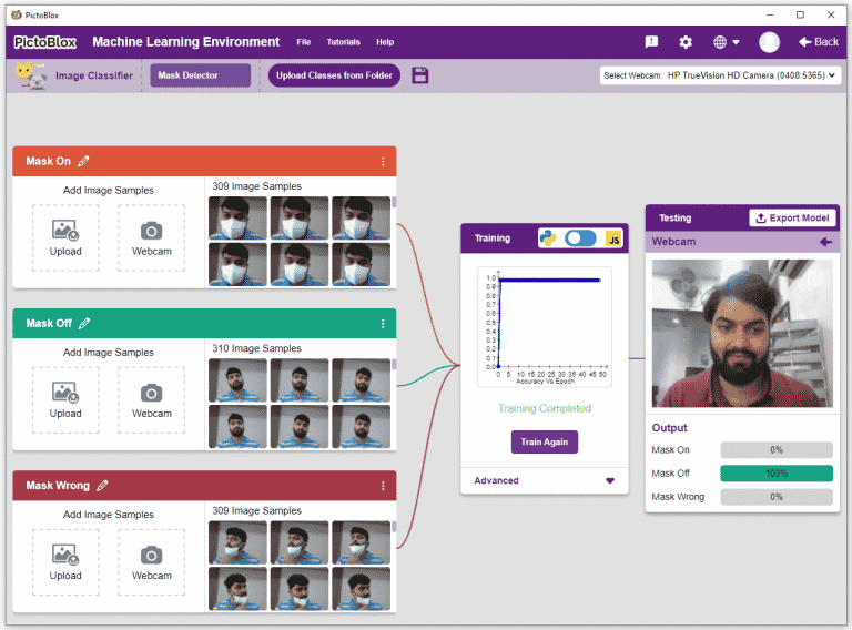 Image Classification - Mask Detection on Webcam - Python - Example Project