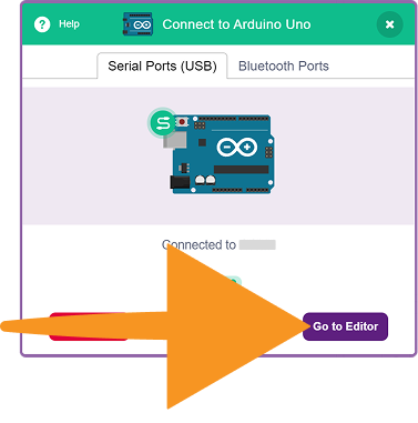 Successfully connected to PictoBlox Click on go to editor