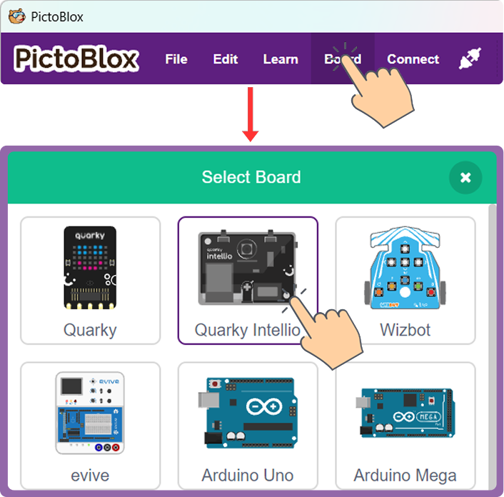 Go to the Board and select Quarky Intellio