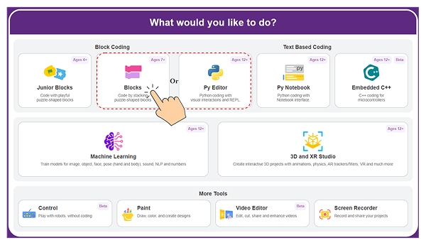 PictoBlox Block Coding or Python Selection Screen