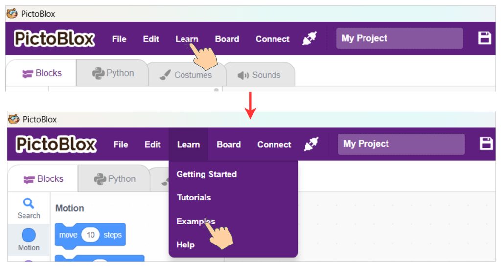 PictoBlox, go to the Learn menu and Click on the example