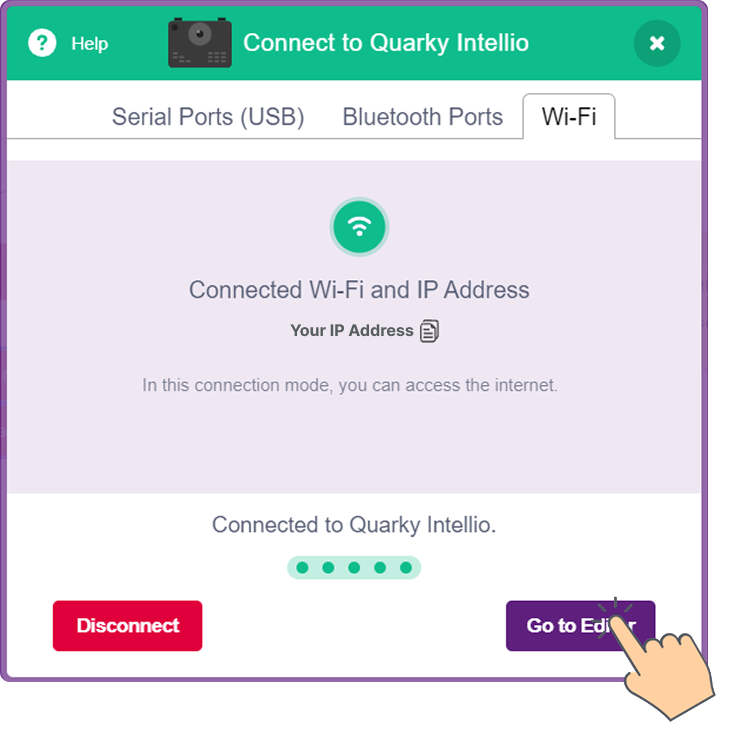 Connection Successful with Quarky Intellio ip address method