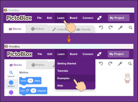 Example Selection in Learn menu and Click Example