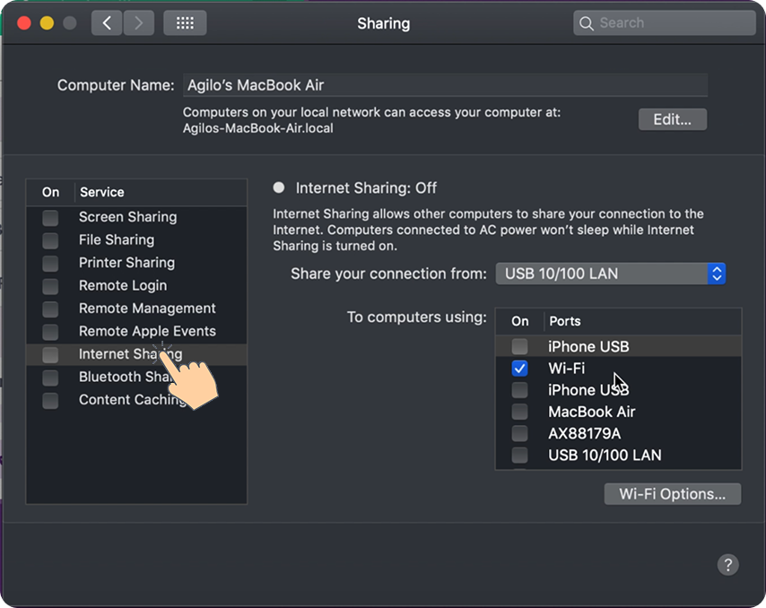 Select Internet Sharing in the service list