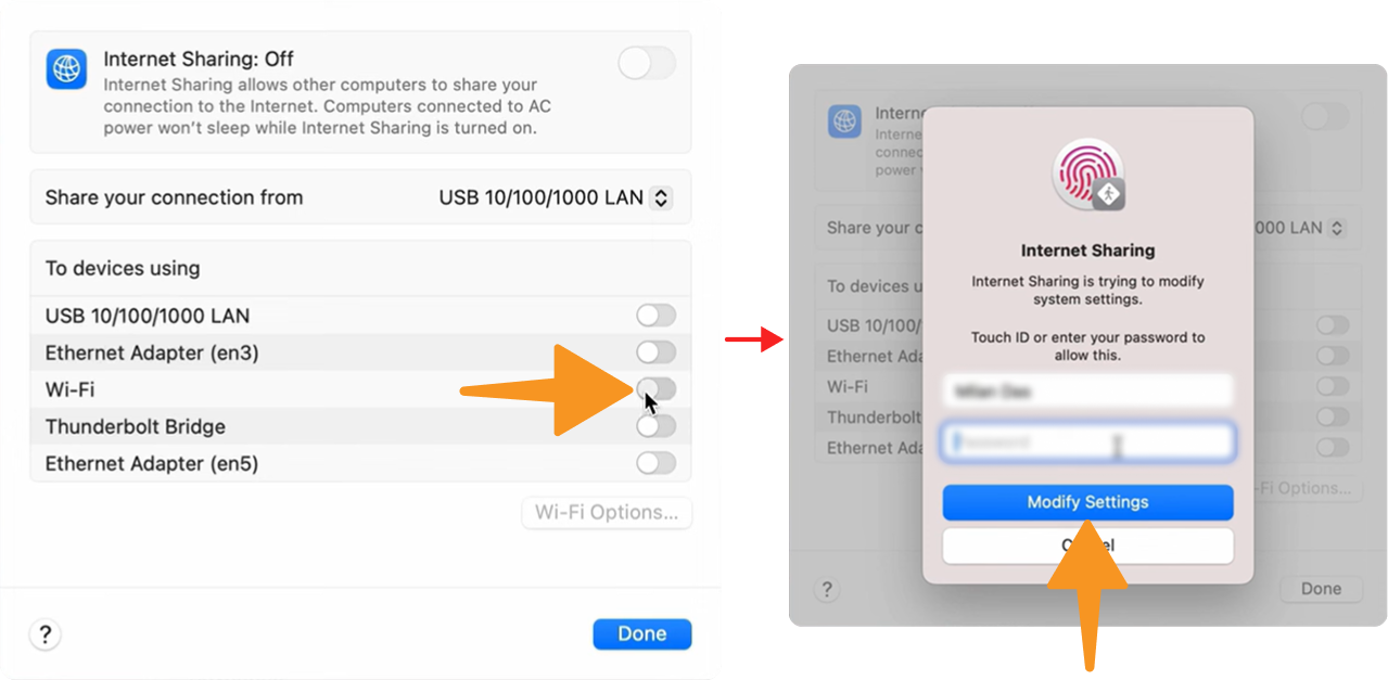 Turn on wifi in Enable Internet Sharing on macOS