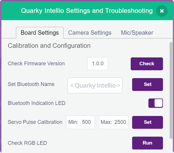 Quarky intellio Setting popup menu