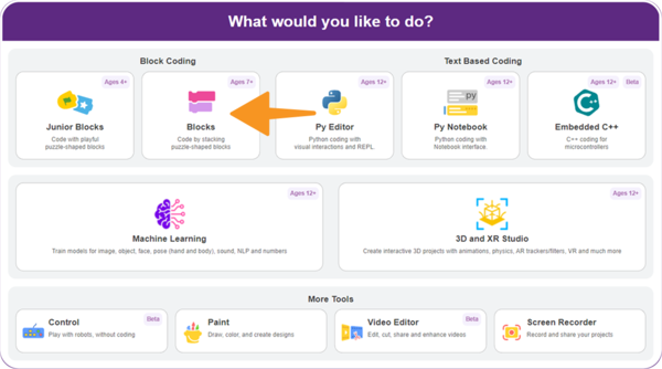 Select the Block Coding environment