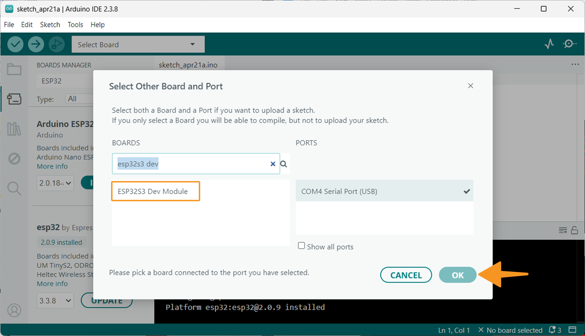 Choose the ESP32S3 Dev Module