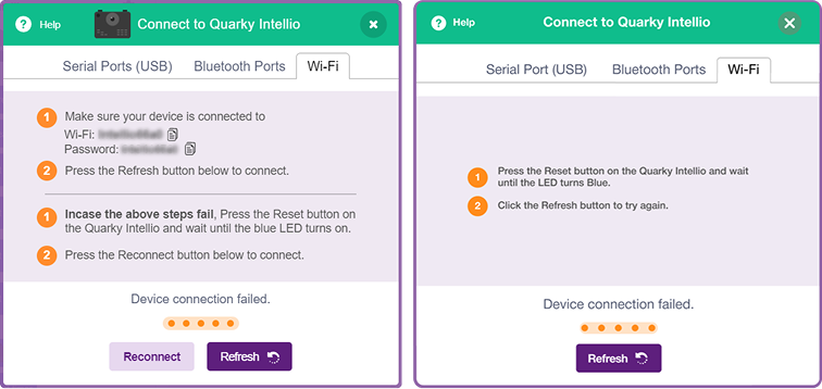 Device Connection failed screen in intellio as a hotspot