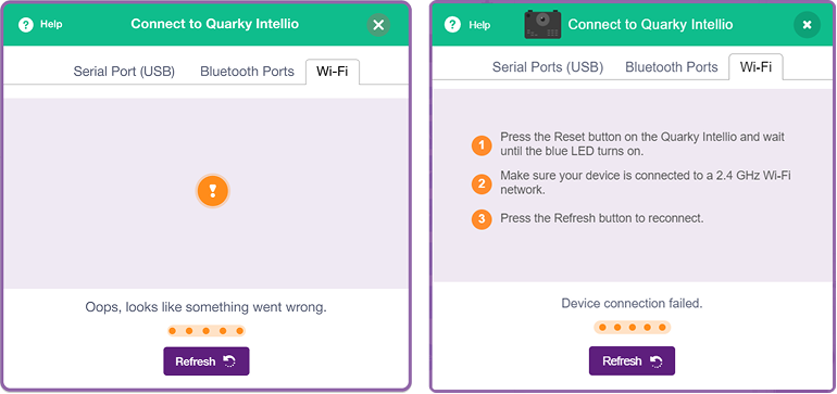 Device Connection failed screens
