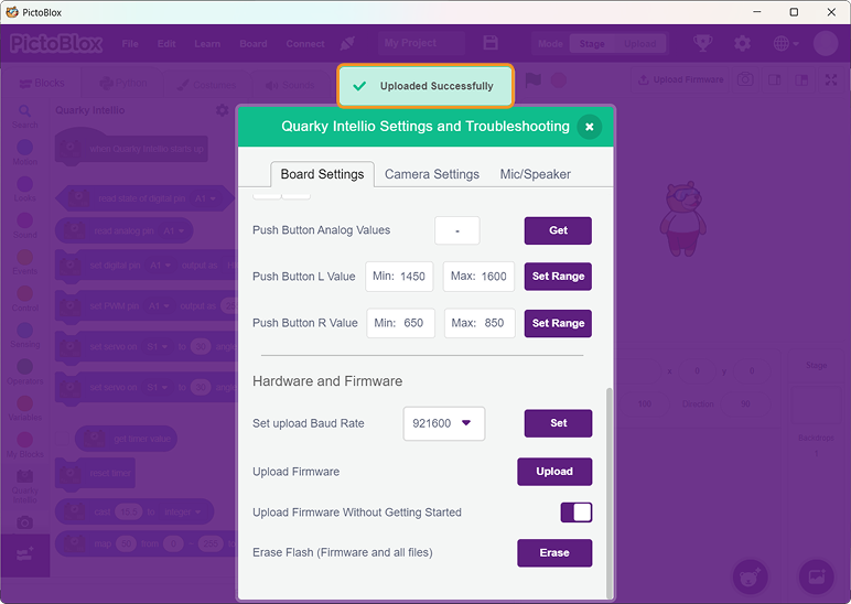 Quarky Intellio setting upload firmware upload successfully