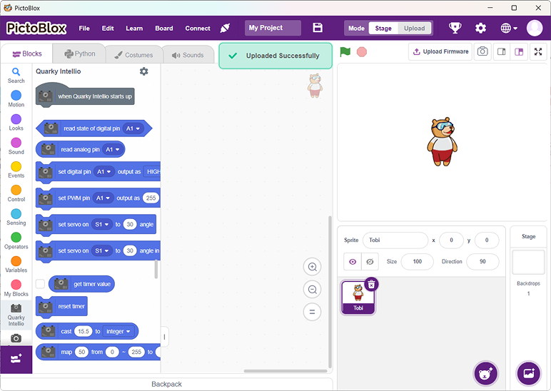 Upload Quarky Intellio firmware successfully