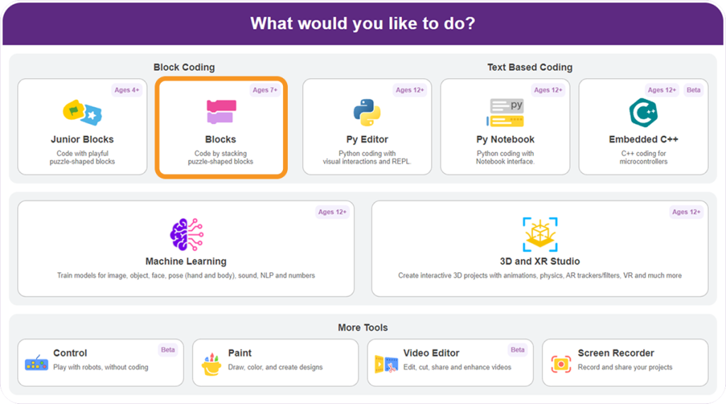 Select Block Coding in Pictoblox