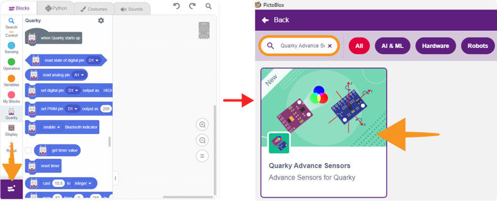 Select Quarky Advance Sensors from the extension list