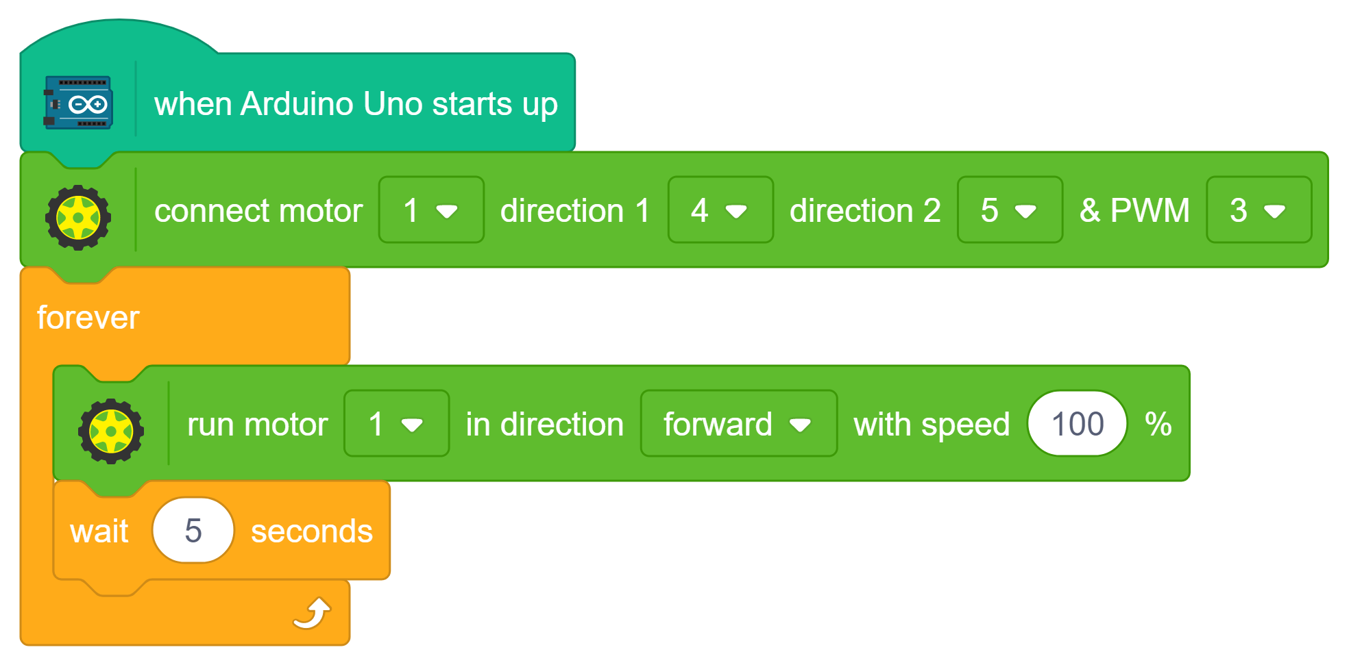 rotate motor forward at full speed for 5 seconds