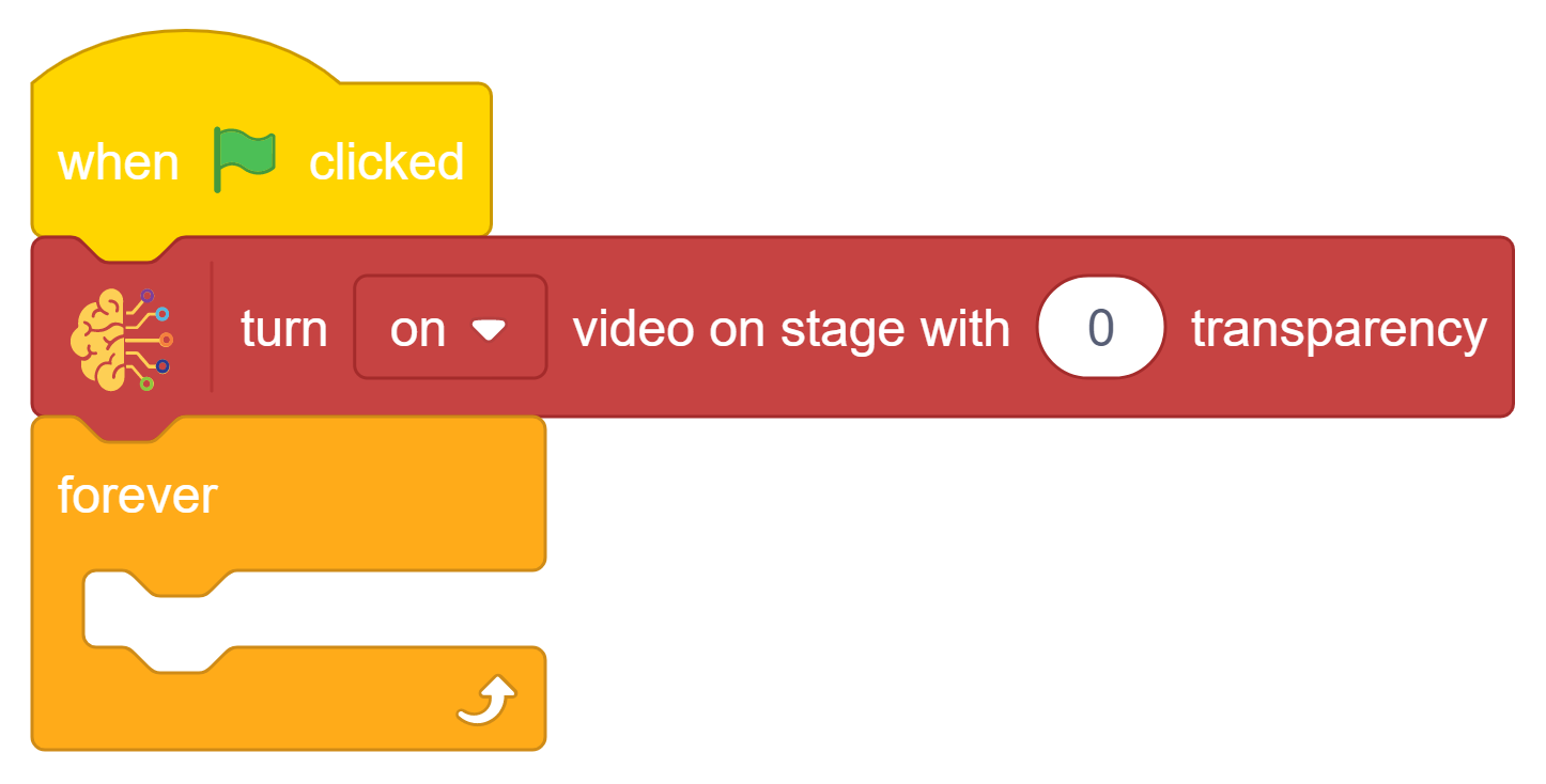 turn on video on stage with 0% transparency using ai object finder with forever block