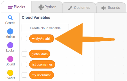 created cloud variable on block pannel