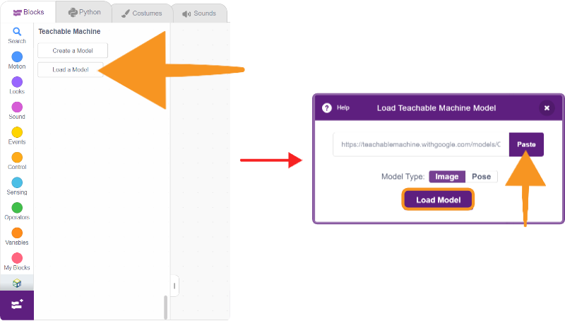 paste and load teachable model in pictoblox